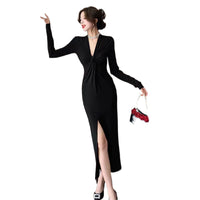 French Style Retro Elegant Kinked V-neck Long-sleeve Dress