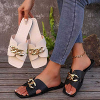 Women's Flat Slippers Lightweight Fashion Chain Square Toe Casual