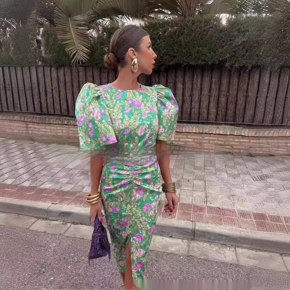 Crew Neck Split Lantern Sleeve Sexy Print Women's Dress