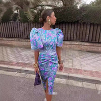 Crew Neck Split Lantern Sleeve Sexy Print Women's Dress