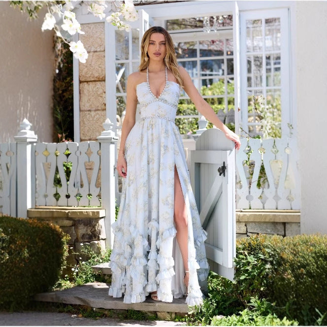 Printed Slim-fit Expansion Skirt For Vacation Suspender Dress