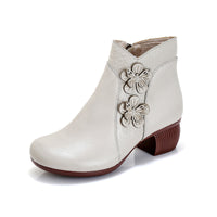 Soft Surface Cattlehide Leather Fashion Medium Chunky Heel Flower Martin Boots