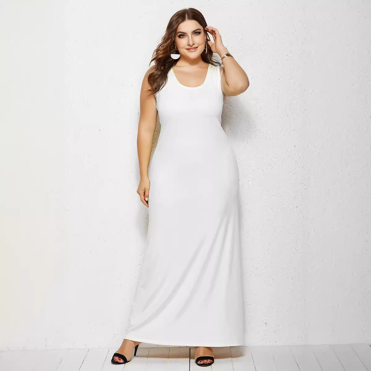 Plump Girls Women's Dress Springsummer Knitted Sexy Round Neck Solid Color