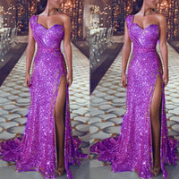 European and American women's sexy one-shoulder sleeveless bronzing dress slit long skirt