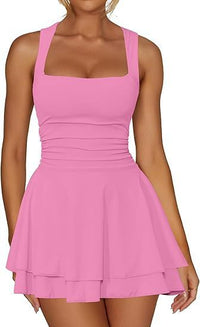 Women's Square Collar Waist Pleated Hem Mini Short Dress