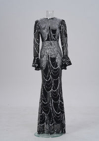 Long Sleeve Round Neck Slim-fit Sheath Sequined Banquet Fishtail Evening Dress