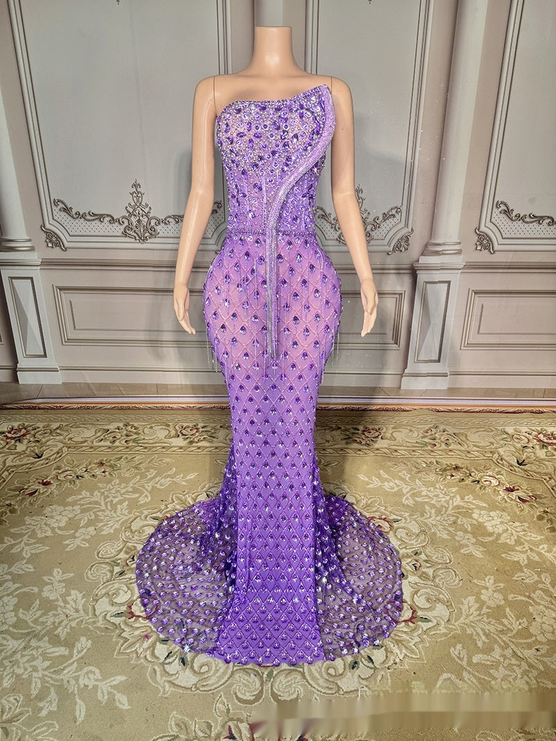 Niche Design Oblique Light Diamond Trailing Dress