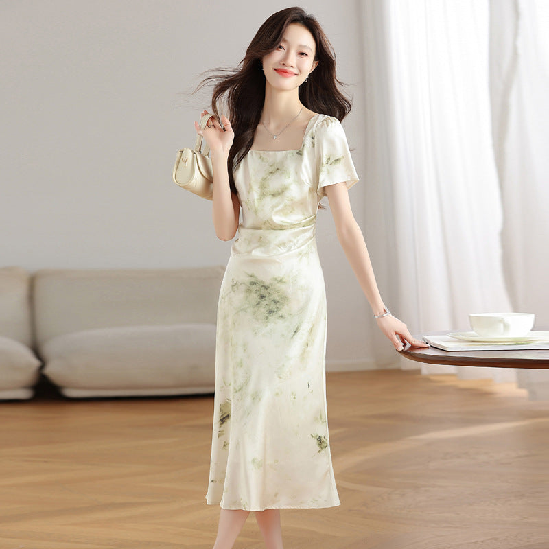 French Square Collar Silk Satin Printed Dress