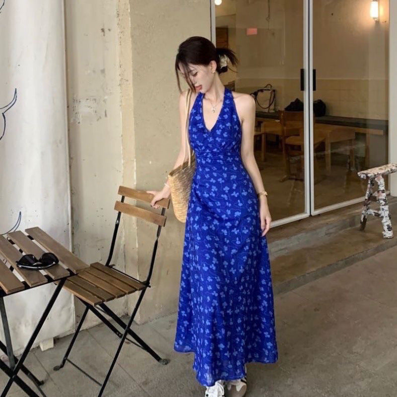 French Blue Floral Strap Dress Summer