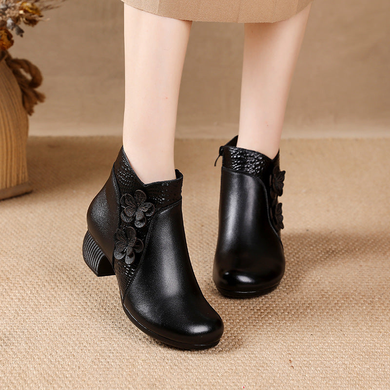 Soft Surface Cattlehide Leather Fashion Medium Chunky Heel Flower Martin Boots
