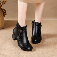 Soft Surface Cattlehide Leather Fashion Medium Chunky Heel Flower Martin Boots