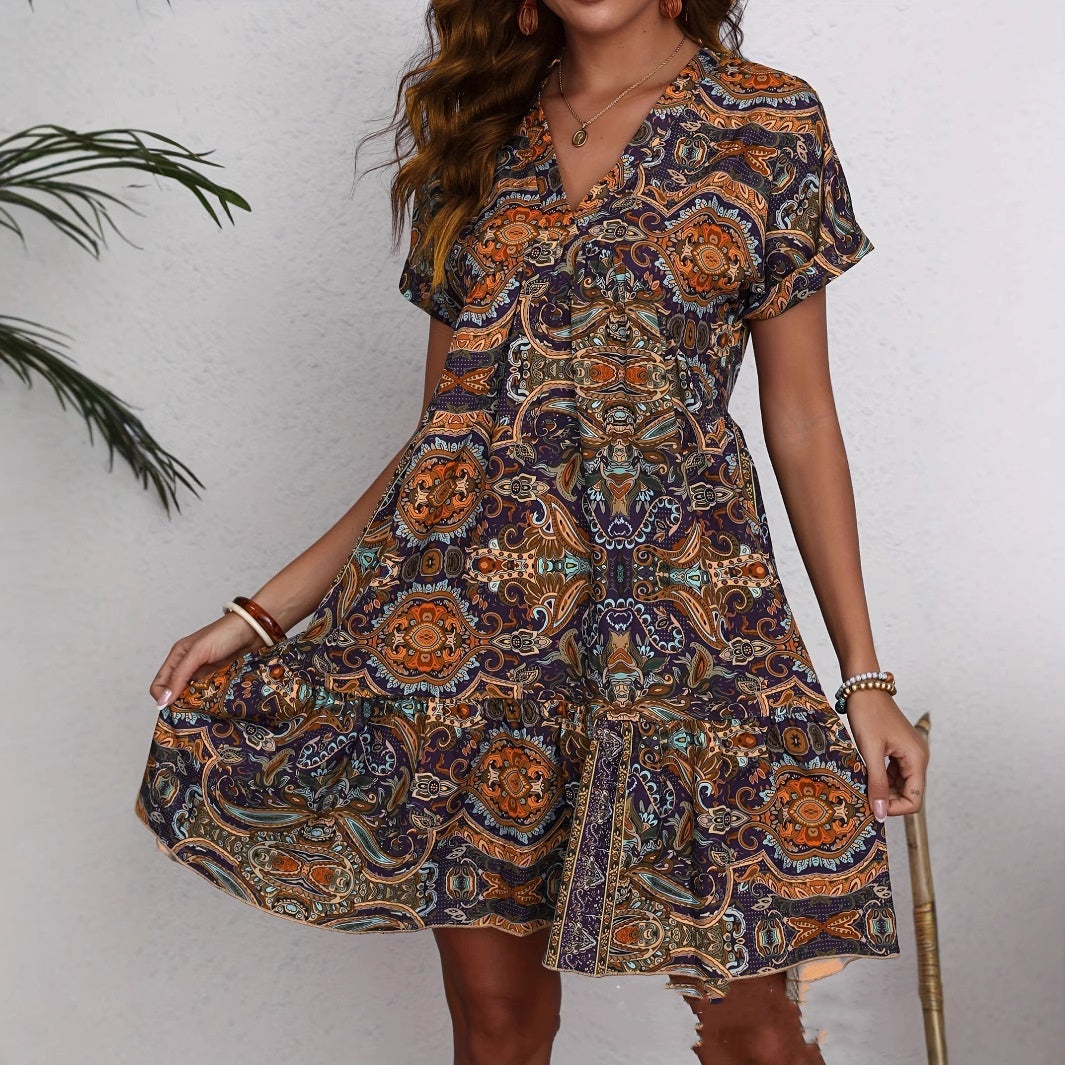 Women's Clothing Printed V-neck Leisure Vacation Style Dress