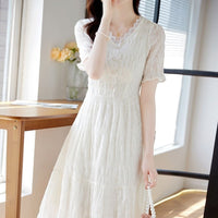 Fairy Style V-neck Lace Stitching Dress Women