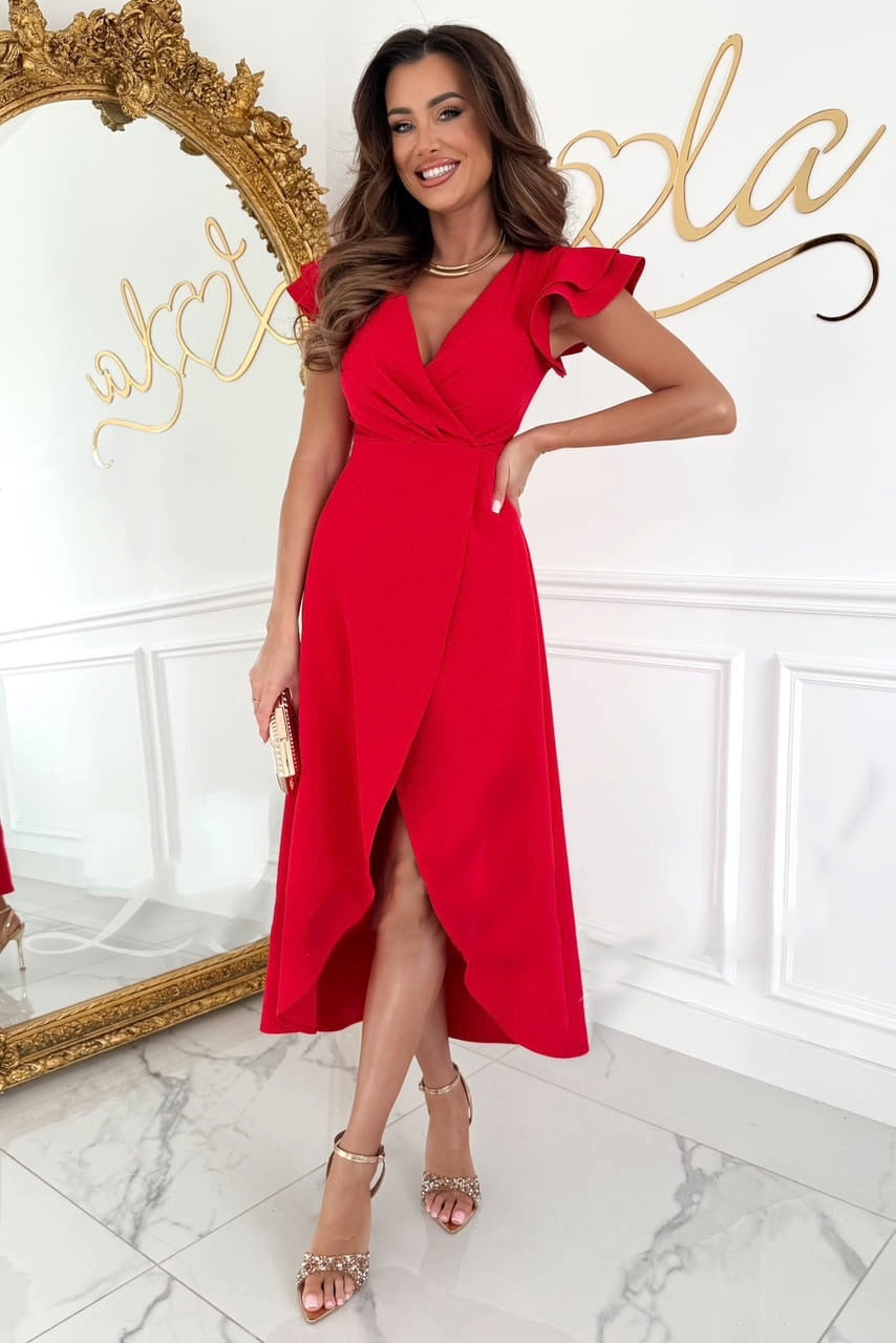 Solid Color And V-neck Waist-tight Ruffle Sleeve Irregular Dress