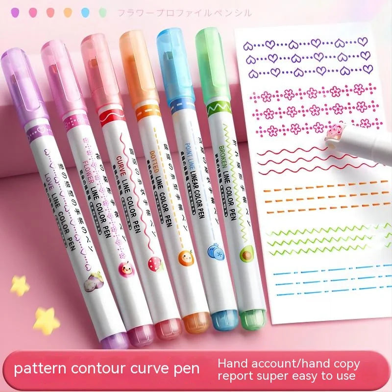 Kawaii Flowers Line Shaped Highlighter Pens, Roller Tip, Curve Liner, Marker for Writing, Journaling,Drawing Stationery, 6Pc Set