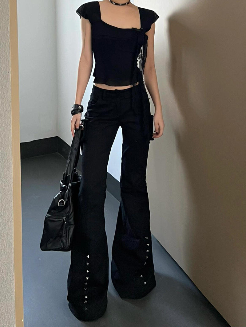 Retro Decorative Rivets Straight Slightly Flared Casual Pants