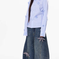 Washing Curved Knife Straight Leg Wide Leg Workwear Jeans For Women