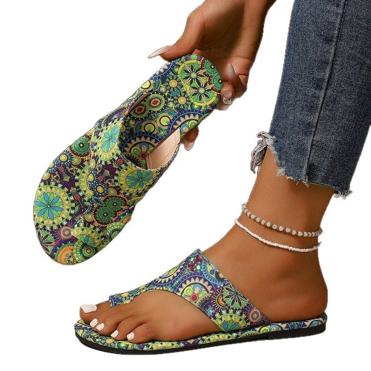 Women's Breathable Printed Toe Covering Roman Style Slippers