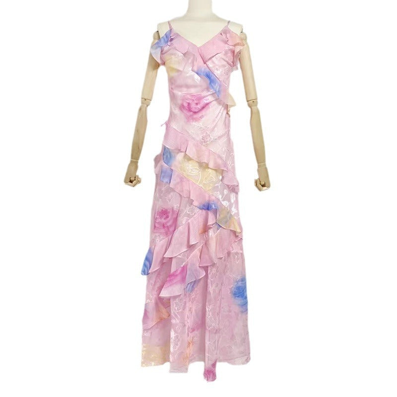 V-neck Strap Printed Backless Slim Fit Ruffled Dress