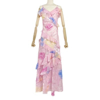 V-neck Strap Printed Backless Slim Fit Ruffled Dress