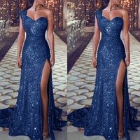 European and American women's sexy one-shoulder sleeveless bronzing dress slit long skirt