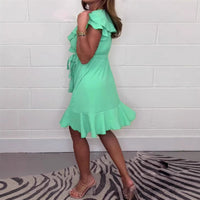 V-neck Waist-controlled Skirt Ruffled Solid Color Dress Women