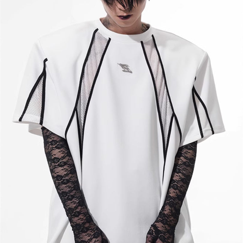Niche Mesh Hollow Stitching Padded Shoulder Black T