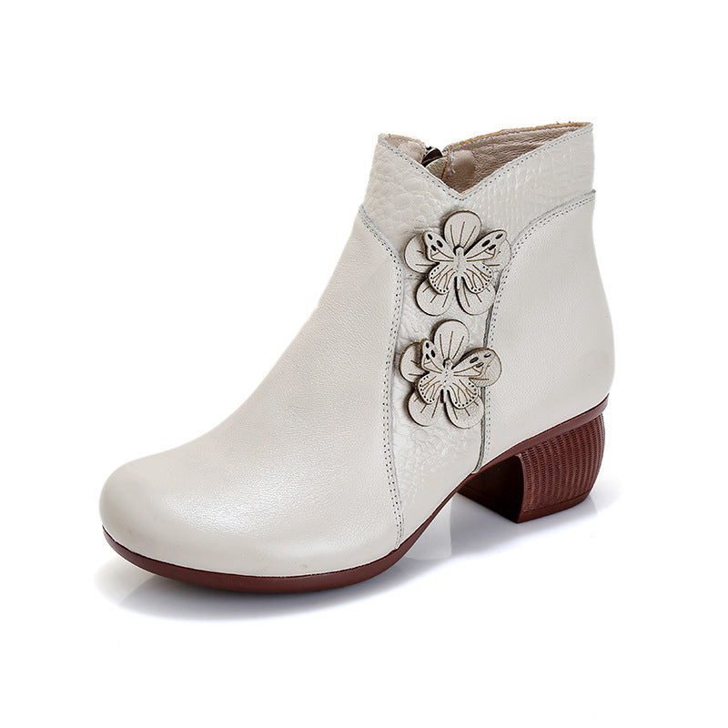 Soft Surface Cattlehide Leather Fashion Medium Chunky Heel Flower Martin Boots