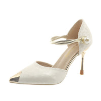 Fashionable Metal Pointed Pearl Women's Satin Flower High Heels