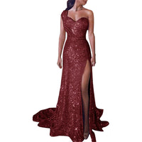 European and American women's sexy one-shoulder sleeveless bronzing dress slit long skirt