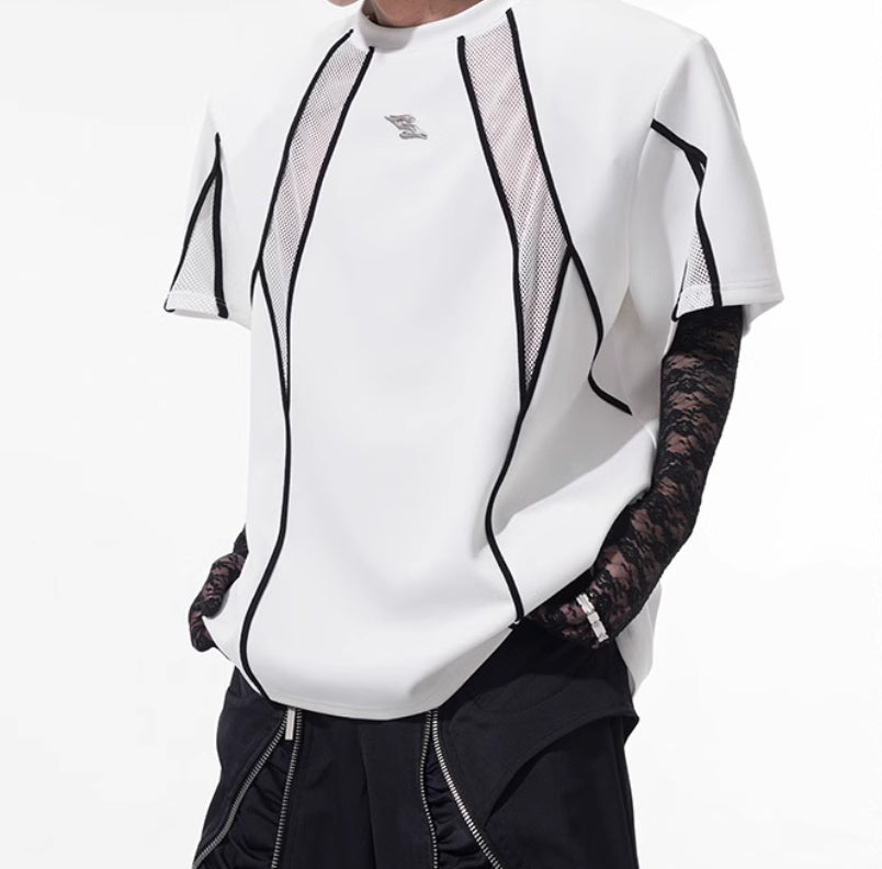 Niche Mesh Hollow Stitching Padded Shoulder Black T