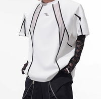 Niche Mesh Hollow Stitching Padded Shoulder Black T