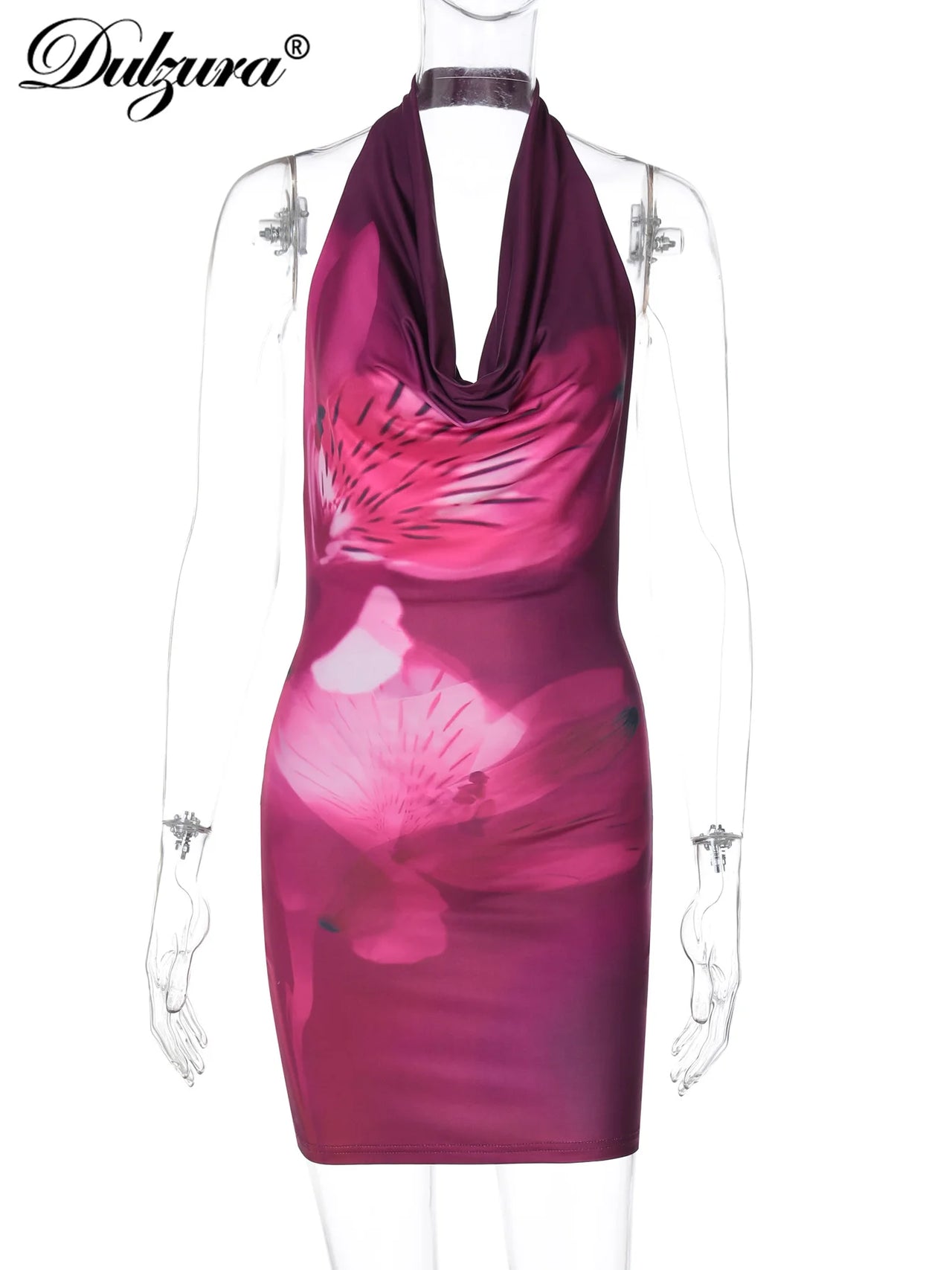 Dulzura Sleeveless Swinging Collar Halter Backless Print Mini Dress Sexy Vintage Dress Women’S Party Clubwear Spring Summer