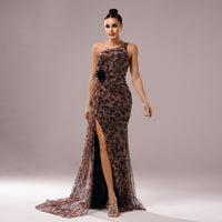One-shoulder Diagonal Collar Leopard Sequined Evening Dress