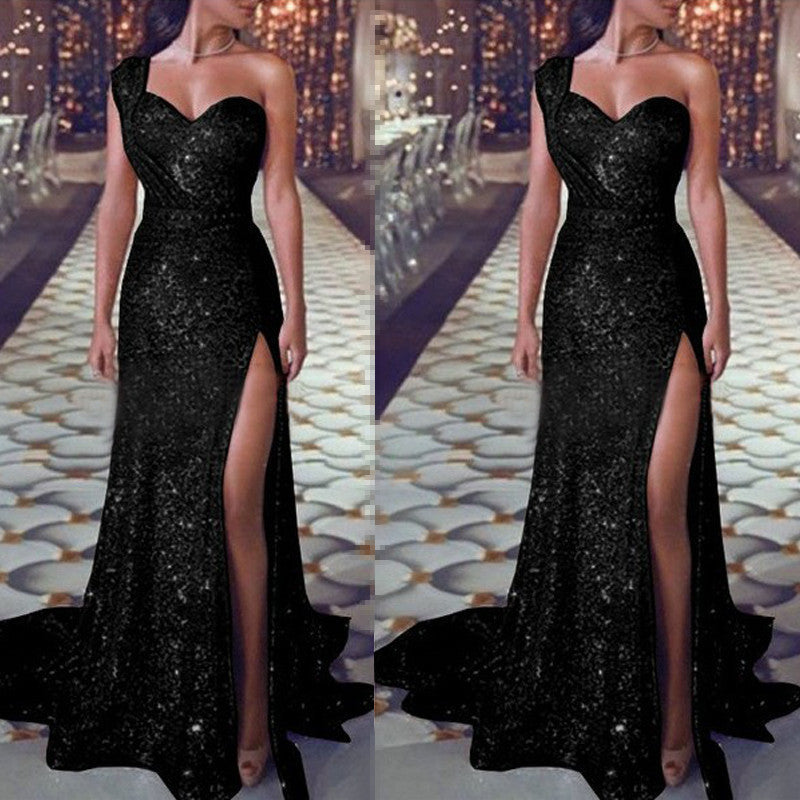 European and American women's sexy one-shoulder sleeveless bronzing dress slit long skirt