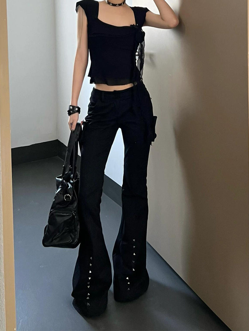 Retro Decorative Rivets Straight Slightly Flared Casual Pants