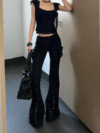 Retro Decorative Rivets Straight Slightly Flared Casual Pants