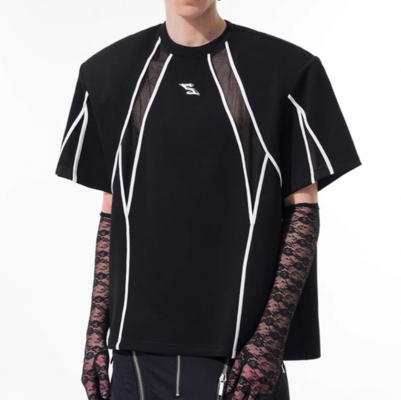Niche Mesh Hollow Stitching Padded Shoulder Black T