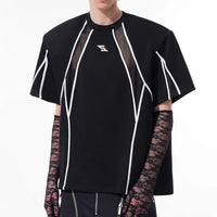 Niche Mesh Hollow Stitching Padded Shoulder Black T