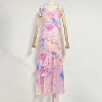 V-neck Strap Printed Backless Slim Fit Ruffled Dress