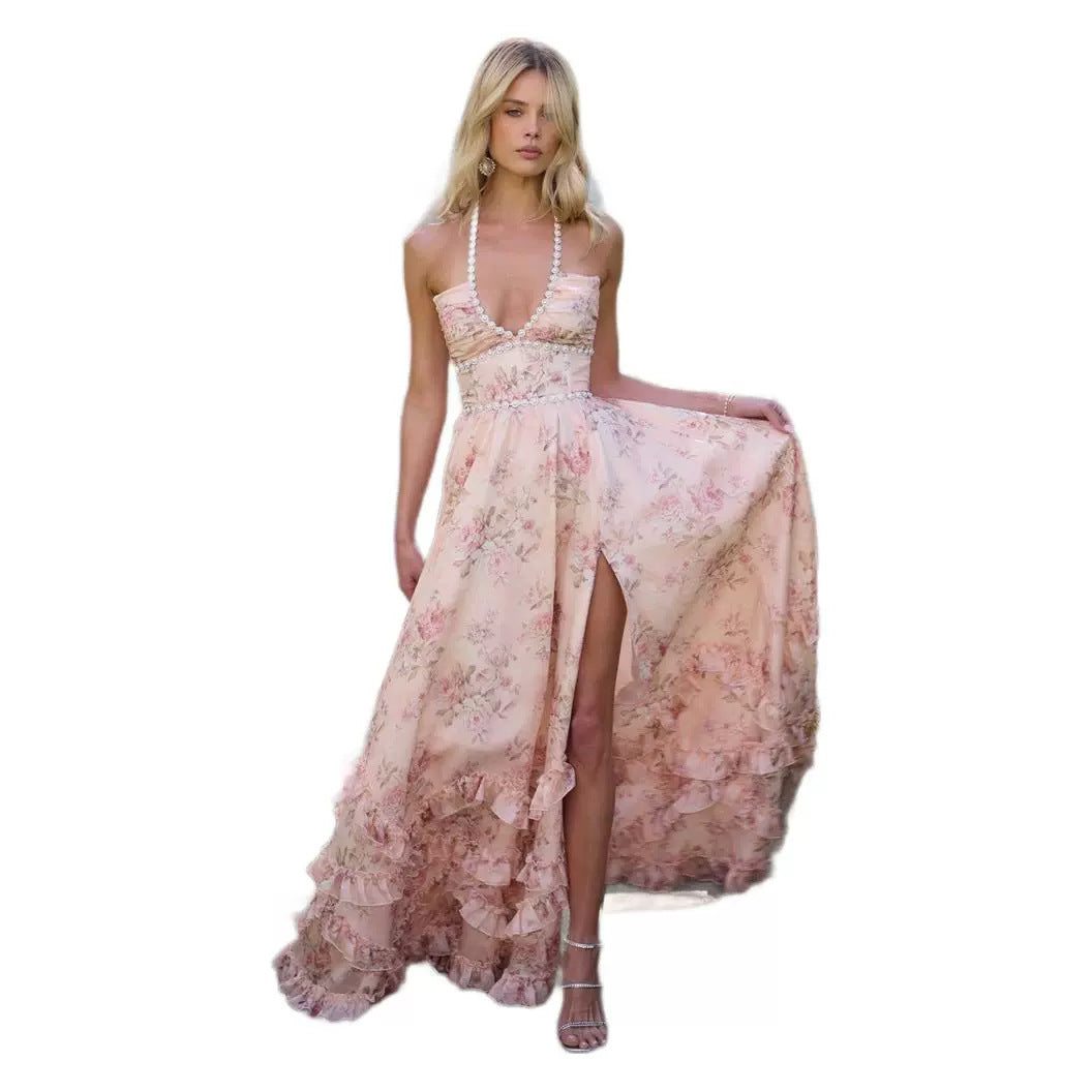 Printed Slim-fit Expansion Skirt For Vacation Suspender Dress