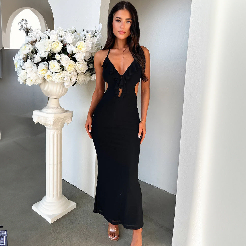 Hot Girl Close-fitting And Slim-fitting Pure Color Halter Sling Dress