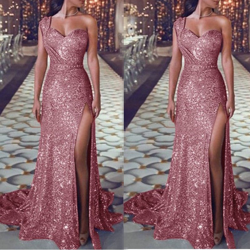 European and American women's sexy one-shoulder sleeveless bronzing dress slit long skirt