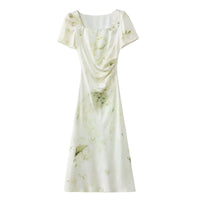 French Square Collar Silk Satin Printed Dress