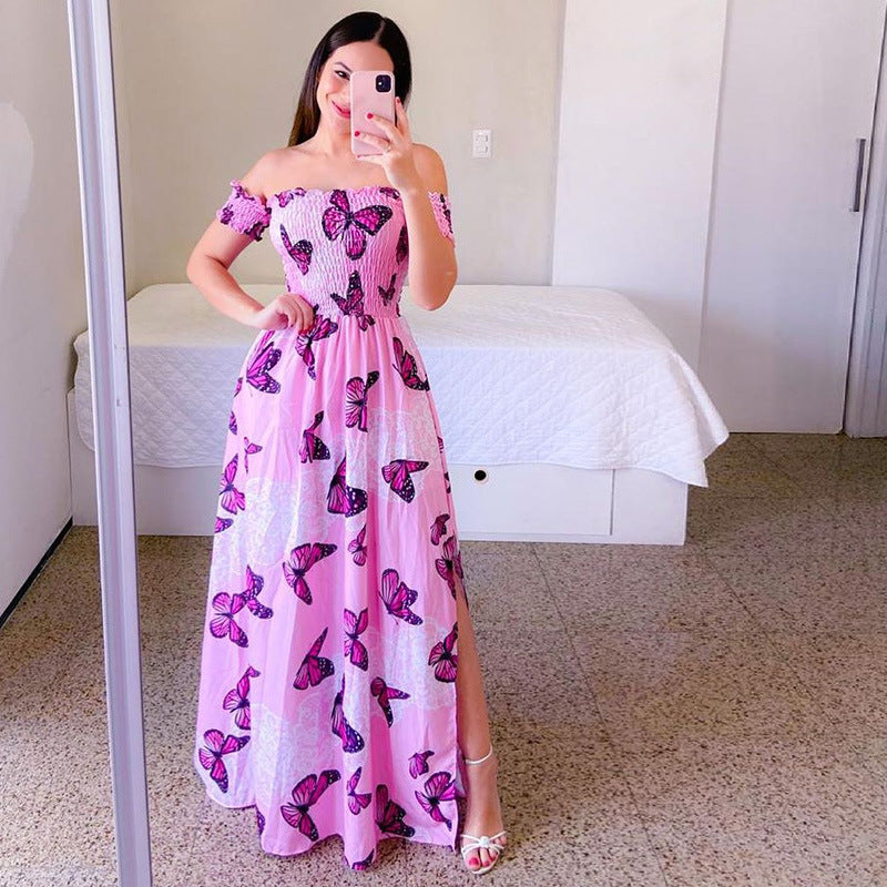 Off-shoulder Printed Butterfly Rainbow Dress