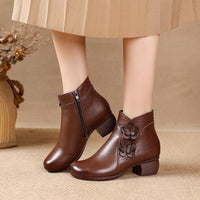 Soft Surface Cattlehide Leather Fashion Medium Chunky Heel Flower Martin Boots