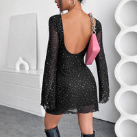 Elegant Black Mesh Sequins Backless Slim Fit Long Sleeve Dress