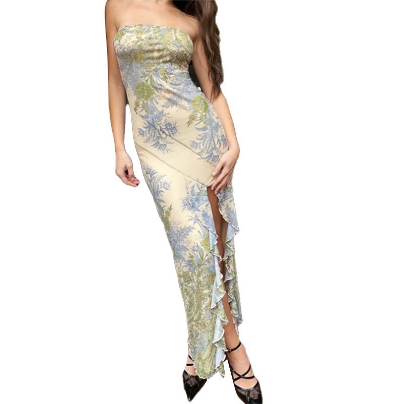 Printed Slit Slim Tube Top Dress Women