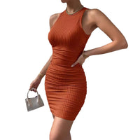 Sleeveless Round Neck Pleated Tight Elastic Short Skirt Party Hip Hugging Dress