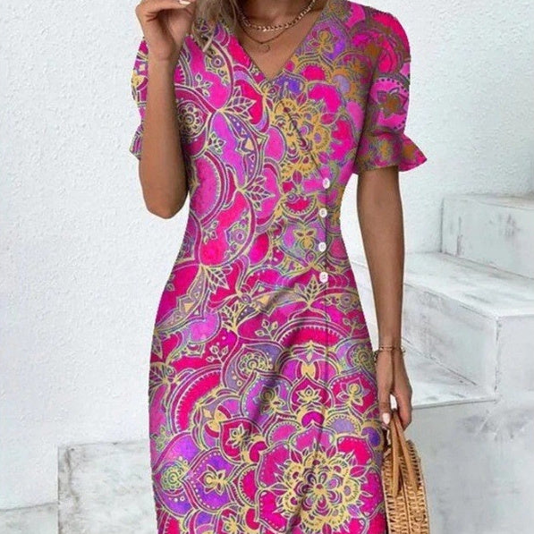 Printed Collage V-neck Irregular Hem Dress